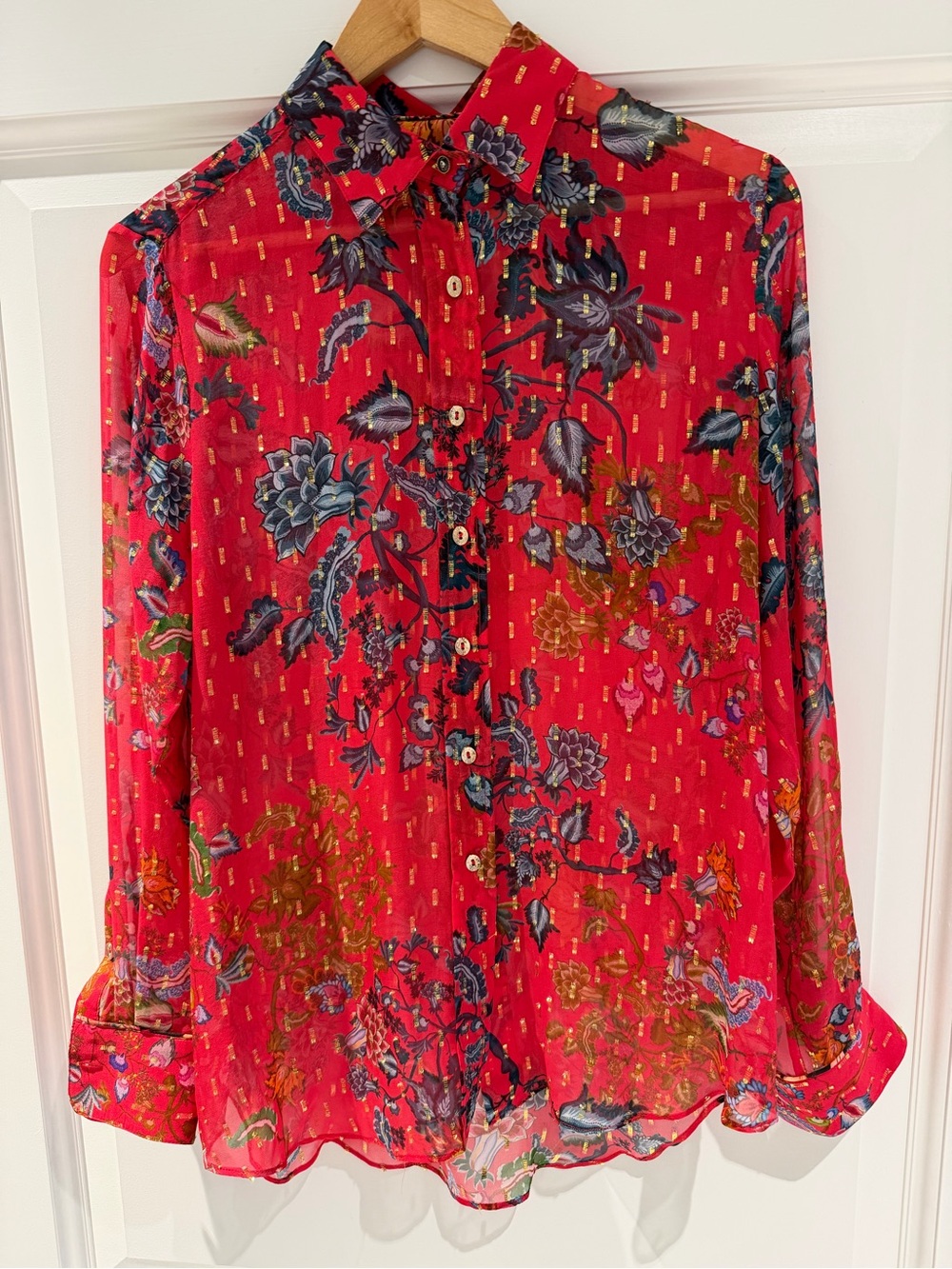 Robert Graham Red Floral Sheer Silk Button Blouse Size S